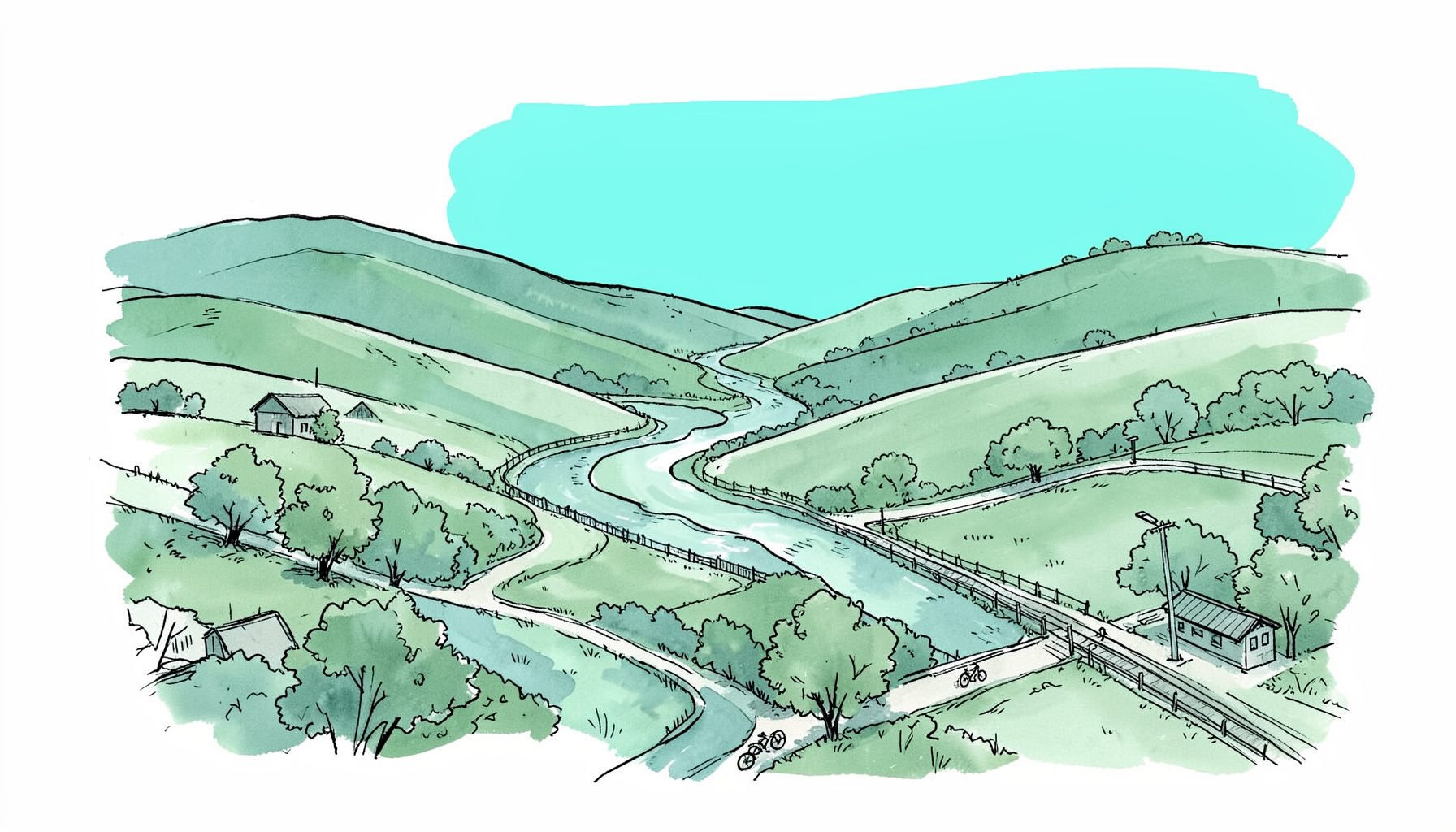Handgezeichnete Tuscheillustration einer ruhigen europäischen Landschaft mit sanft geschwungenen Hügeln, einem gewundenen Fluss und vereinzelten Bäumen unter weitem Himmel