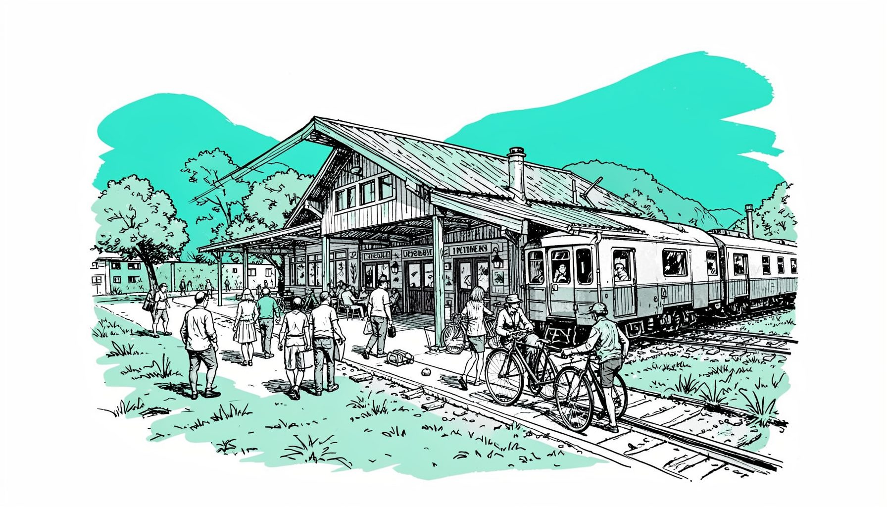 Handgezeichnete Tuscheillustration eines Bahnhofs in einer Kleinstadt mit Reisenden, die Fahrräder neben einem Zug abstellen – ruhige, nachhaltige Mobilitätsszene
