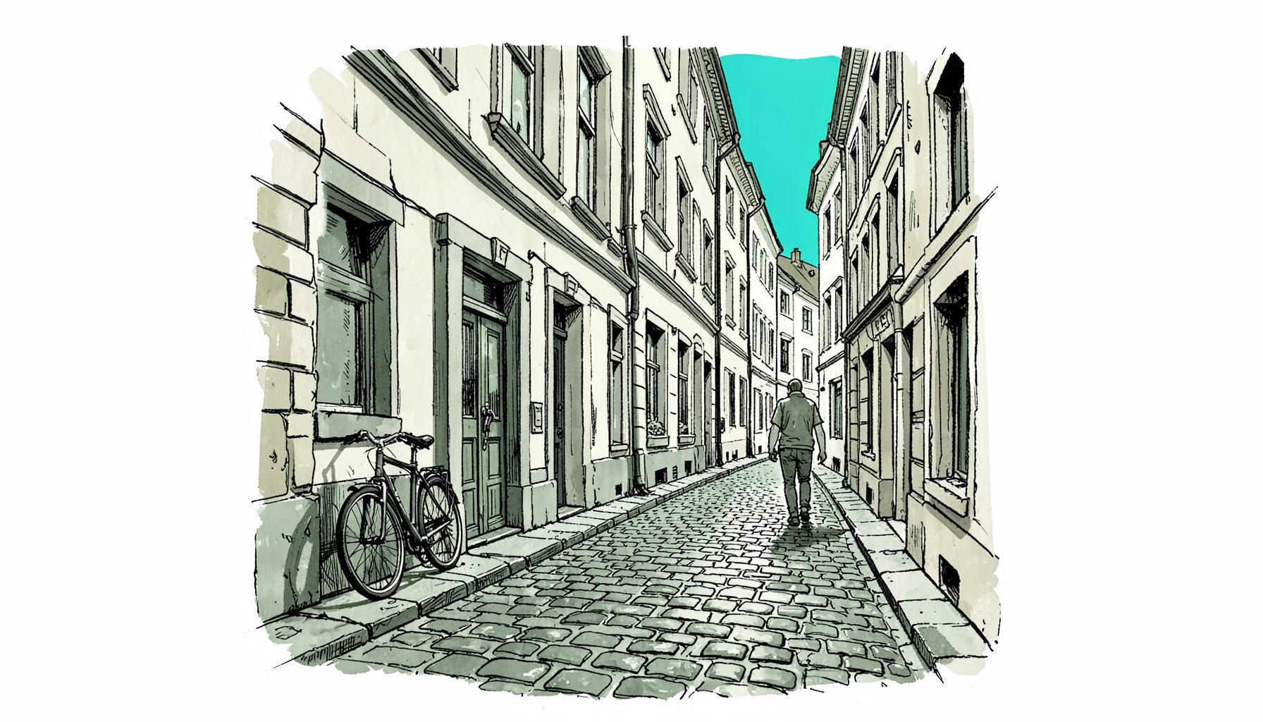 Handgezeichnete Tuscheillustration einer ruhigen europäischen Altstadtgasse mit Kopfsteinpflaster und einem Fahrrad