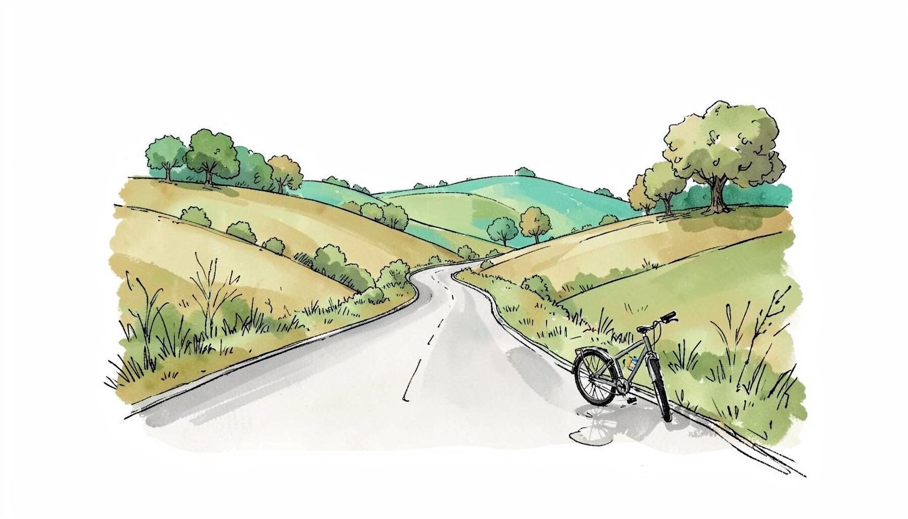 Handgezeichnete Tuscheillustration einer ruhigen europäischen Landstraße, die sich durch sanfte Hügel mit vereinzelten Bäumen schlängelt