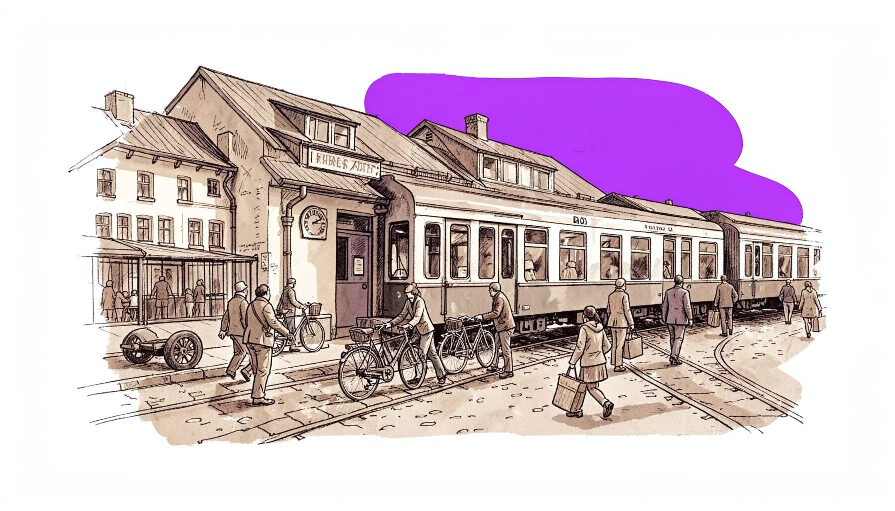 Handgezeichnete Tuscheillustration eines Bahnhofs in einer Kleinstadt mit Reisenden, die Fahrräder neben einem Zug abstellen, in warmen Sepia- und Grautönen