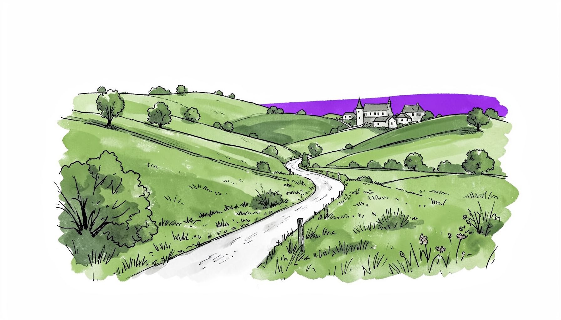 Handgezeichnete Tuscheillustration einer ruhigen europäischen Landstraße, die sich durch sanfte Hügel mit vereinzelten Bäumen und einem kleinen Dorf am Horizont schlängelt, in gedeckten Grün- und Erdtönen
